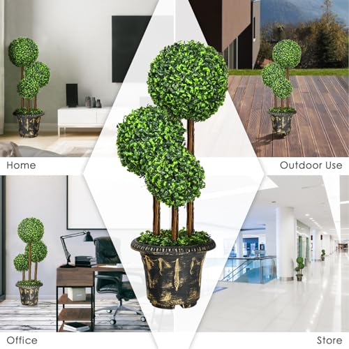 DREAMADE Artificial Boxwood Topiary Tree, 3ft Triple Ball Shaped Faux Topiary Tree w/Weighted Pot, Metal Frame, Fake Green Potted Plants Decoration for Indoor/Outdoor/Home/Office - size: 3ft