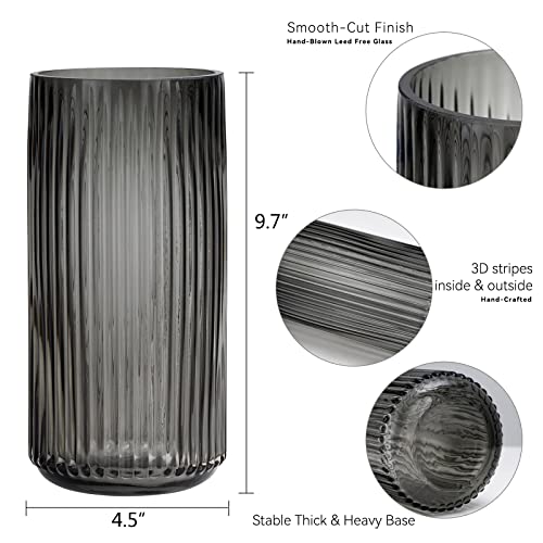 TIMEFOTO Flower Vase 10 inch Grey Thickened Hand Blow Glass Vase Round Vintage Striped Bottles for Bookshelf,Dinner Table,Indoor Office Desktop,Meeting Room,Bathroom,Countertop,Home - color: Glass Gray, size: 9.5 inch