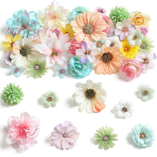rongflower Mini Artificial Flowers for Crafts, 45 Pcs Bright Color Silk Fake Flowers Assorted Faux Roses Peonies Daisies Bulk for Wedding Decor Gradua - color: Bright Color