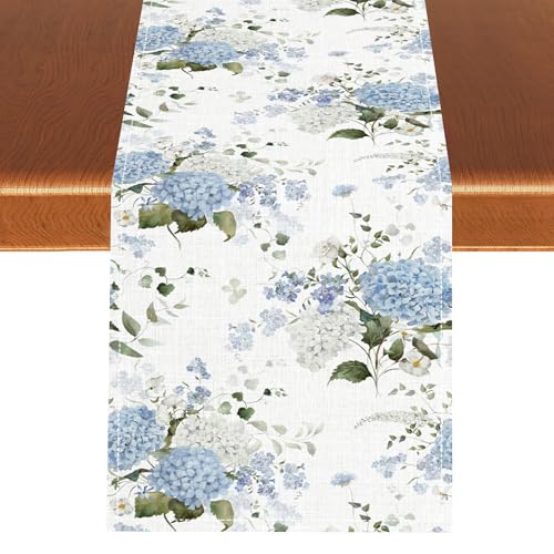 Blue Floral Table Runner, Spring Summer Watercolor Hydrangea Flower Butterfly Country Farmhouse Coffee Table Center Decor for Home Kitchen Dining Patio Holiday Party Table Decorations 13x36 inches - color: Tr-flower05, size: 13x36" Table Runner