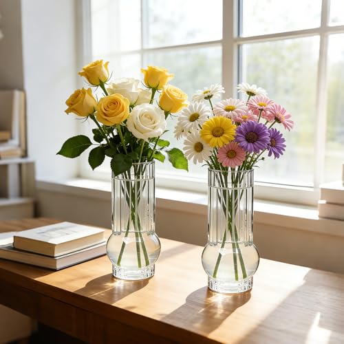 Ribbed Glass Cylinder Vases，6.5 Inch Drinking Glasses，Flower Vase 12 pcs | for Home Decor, Wedding Centerpiece Table Decoration, Modern Glass Flower Vases for Living Room, Dining Table & Event Styling - size: Ribbed Juice Vase-12PCS