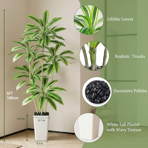 Artificial Yellow Dracaena Tree, 6FT Artificial Plants Indoor with White Tall Planter, Faux Yucca Silk Tree Fake Tropical Floor Plant in Pot, Fake Plants for Home Room Office Entryway Porch Decor - color: White-yellowleaf, size: 6FT