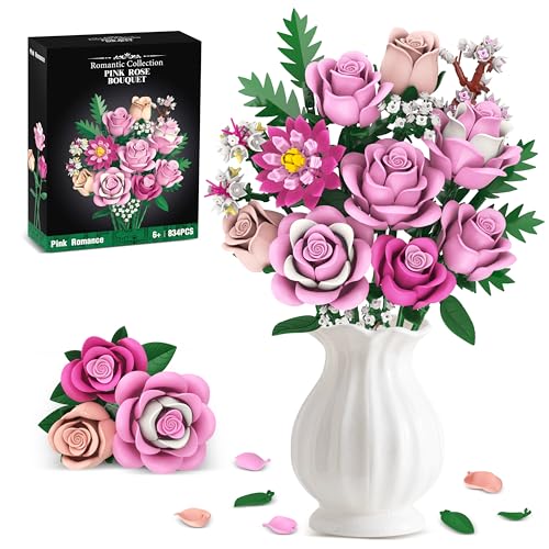 Pink Rose Bouquet Flowers Building Set, 834Pcs Roses Artificial Flowers Botanical Collection Kit for Adults Women & Men Gift for Xmax Gifts for Birthdays for Her Compatible with Lego Flowers