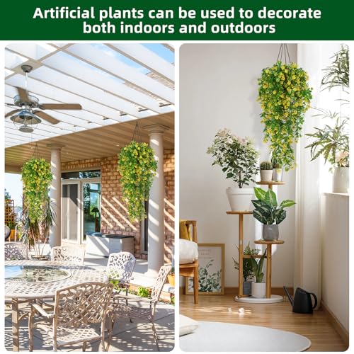 RECUTMS 2Pcs Artificial Hanging Flowers for Outdoor Decoration Fake Hanging Plants Faux Yellow Flowers Artificial UV Resistant Plastic Greenery Vines Ivy for Outdoor Indoor Garden Party Decor（Yellow） - color: Yellow-rose