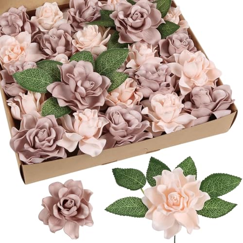 IPOPU Gardenia Flowers Artificial 25PCS Dusty Pink Shades Foam Flowers Fake Rose Heads for DIY Wedding Bouquets Home Party Cake Corsage Garland Decor(Dusty Pink Shades) - color: Dusty Pink Shades