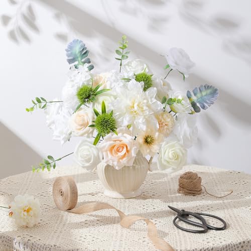 Floweroyal Artificial Flowers Fake Rose Flowers Dahlia with Stems for DIY Wedding Bridal Bouquets, Baby Shower, Floral Arrangement, Table Centerpieces, Home Decorations - color: Milk White