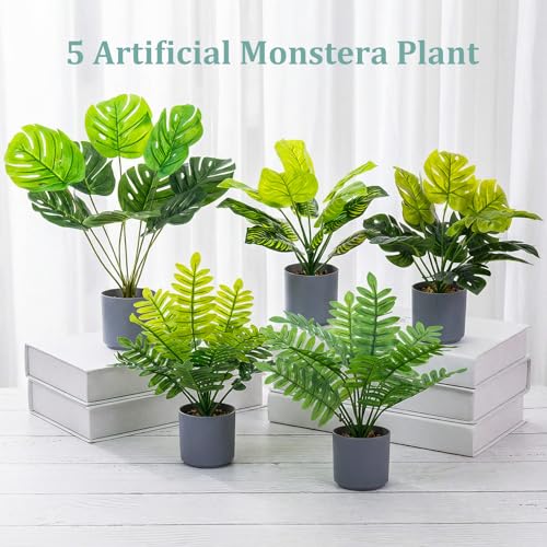 Suncalla 5 Pcs 11 inch Artificial Potted Tropical Plants Indoor Small Faux Monstera Plant in White Pebbles Pots Fake Greenery Table Centerpiece for Home Living Room Kitchen Office Shelf Bedroom Desk
