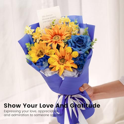 TINGE TIME Preserved Flowers Bouquet, Sunflower and Rose Bouquet, Flowers for Delivery, Graduation Gifts Teacher Appreciation Gifts Birthday Flowers Gifts for Women Mom Grandma Wife Friends - color: Sunflower&RoyalBlue