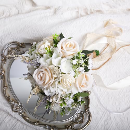 Wedding Bouquets for Bride Bridesmaid, White Champagne Artificial Roses Flowers with Ribbon Bow for Wedding Prom Church Decoration, Ceremony, Anniversary (8in)