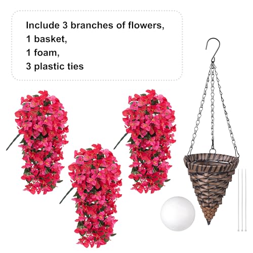 Ivydale Bougainvillea Artificial Hanging Fake Flowers with Basket for Outdoors Decoration, Faux Silk Flowers UV Resistant Fake Plants Long Vines Realistic for Outside Front Door Porch Patio, Red Pink - color: Red Pink