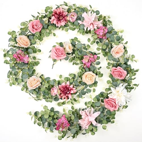 Waipfaru 8.85Ft Flower Garland, Eucalyptus Greenery Garland with Flowers, Pink Rose Floral Vines for Wedding Reception Table Mantle Room Spring Summer Decor (Pink) - color: Dusty Pink-8.85ft, size: 1 Pack