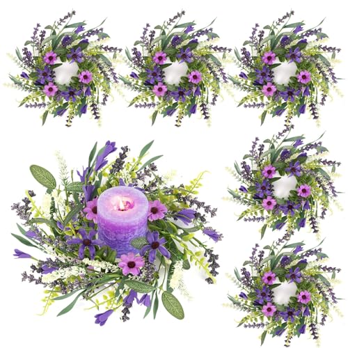 6 Pcs Mini Lavender Hanging Wreaths for Cabinets Purple Daisy Candle Rings Pillar Holder Small Wreath Wild Flower Spring Summer Floral Wreaths for Farmhouse Porch Front Door Window Decor - color: Purple Lavender