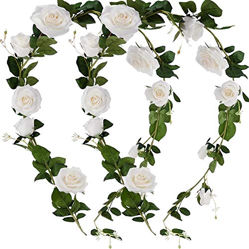 FiveSeasonStuff Floral White Artificial Silk Roses Flower Garland, Bendable Hanging Vine (2pcs, 11ft) - color: Floral White