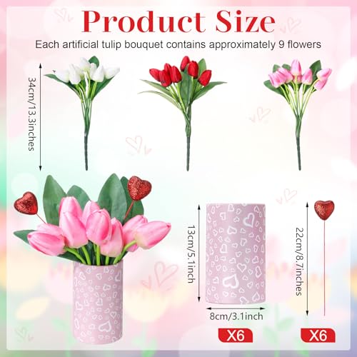 Suncalla 3 Set Mother's Day Table Centerpieces Vintage Artificial Tulips Flower Bouquet with Paper Bucket & Glitter Foam Heart Picks for Wedding Dining Room Tiered Tray Party Decor