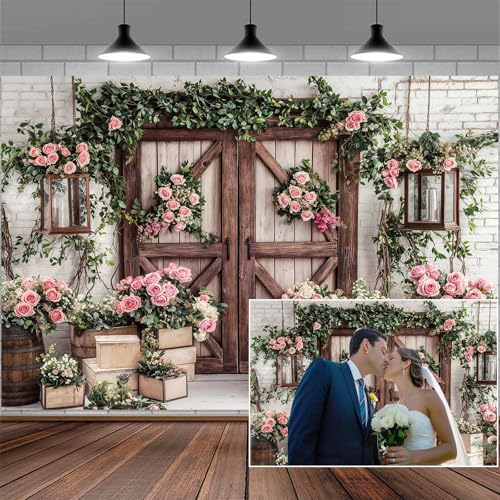 5x4ft Country Wedding Photography Backdrop Floral Rustic Roses Farmhouse Wooden Door Backdrop Pink Flower Birthday Baby Shower Wedding Bridal Party Banner Photo Booth Props Anniversary Background - color: Multi4, size: 5X4FT