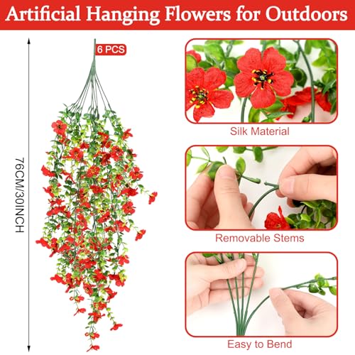 6 Pcs Spring Artificial Hanging Flowers Outdoor Faux Silk Mum Plant Decor Violet with Eucalyptus Realistic UV Resistant Trailing Vine Spring Porch Yard(Red,Violet) - color: Red, style: Violet