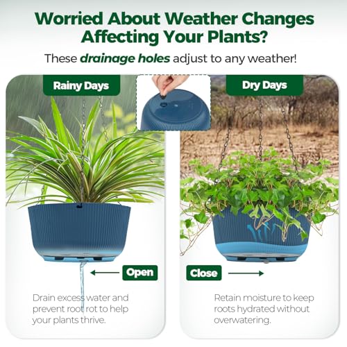 T4U 12 Inch Large Hanging Planters for Outdoor Plants, 2 Pack Self Watering Pots Indoor, Hanging Baskets for Plants,Hanging Flower Pot with Drainage Hole and Plant Hanger, Blue - color: Blue, size: 12 Inch