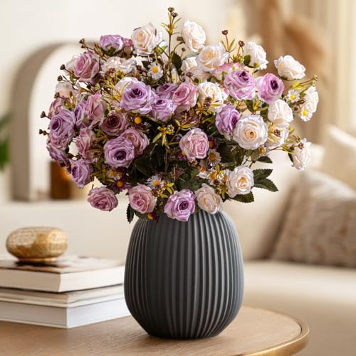 Artificial Rose Flowers for Outdoor 4 Bundles Rose Bouquet with Daisy Faux Flowers UV Resistant for Home Indoor Outside Garden Porch Window Box Balcony Yard Porch Fall Decor (White+Purple) - color: White+purple