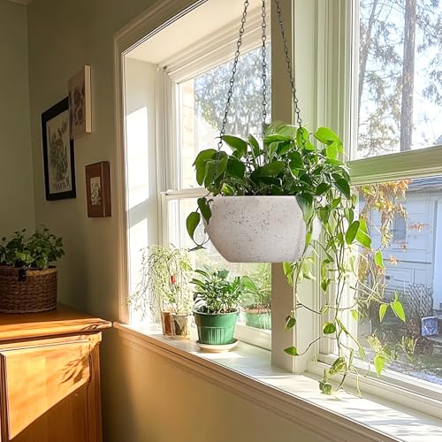 T4U 10 Inch Hanging Planters for Indoor Outdoor Plants - 2 Pack Plastic Hanging Flower Plant Pot with Drainage Hole, Round Hanging Plant Basket for Home Garden Porch Balcony Patio Decor (White) - color: White, size: 10 In