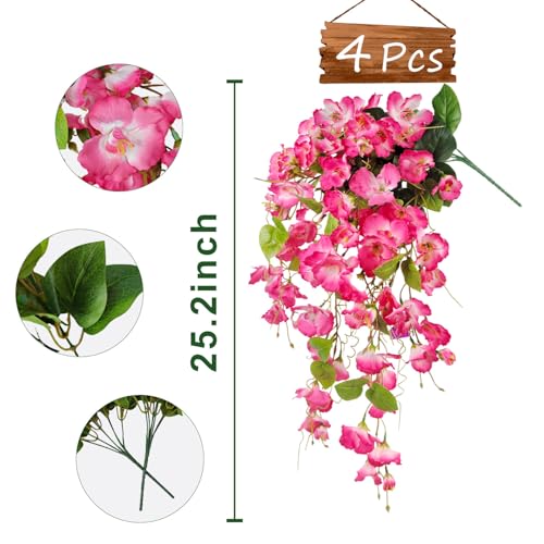 Artificial Fake Hanging Flowers Plants for Outdoor, Faux Silk Hibiscus Long Trailing Vines Realistic UV Resistant for Home Indoor Outside Front Porch Planter Patio Yard Decor,2Pcs (Pink 4Pcs) - color: Pink 4pcs