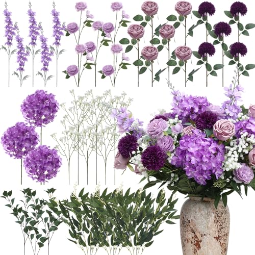 Suncalla 36 Pcs Purple Artificial Flowers Bouquet Set 8 Kind Faux Delphinium Rose Peony Chrysanthemum Hydrangea Baby's Breath Florals with Greenery Long Stem for Wedding Table Vase Decor - color: Purple