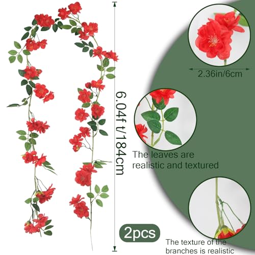 2 Pcs Artificial Flowers Garland for Outdoors Red Faux Gardenia Garland 15.5Ft Silk Rose Hanging Vines Floral for Wedding Arch Party Wall Garden Ceremony Backdrop Fence Spring Decor - color: Red