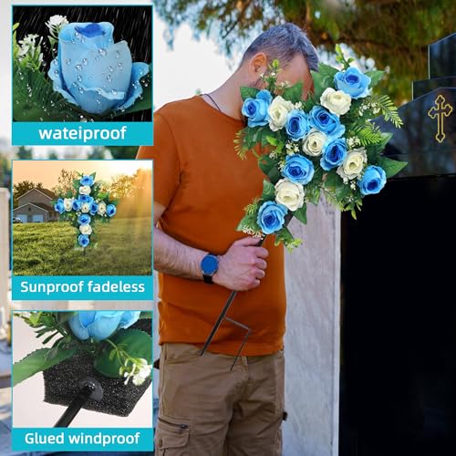 Artificial Cemetery Flowers,Set of 2 Faux Floral Cross,Artificial Rose Bouquet Decoration for Cemetery Headstones Gravesites,Silk Flowers for Long-Lasting Remembrance (Blue) - color: Blue