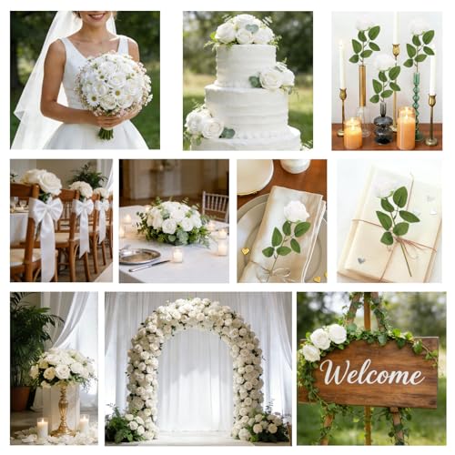 Roses Artificial Flowers, Silk Roses with Stems for Wedding Bridal Bouquets, Valentine Anniversary Mother's Day Get Well Hostess Housewarming Gifts, Indoor Outdoor Decor Party Centerpiece (12, White) - color: White