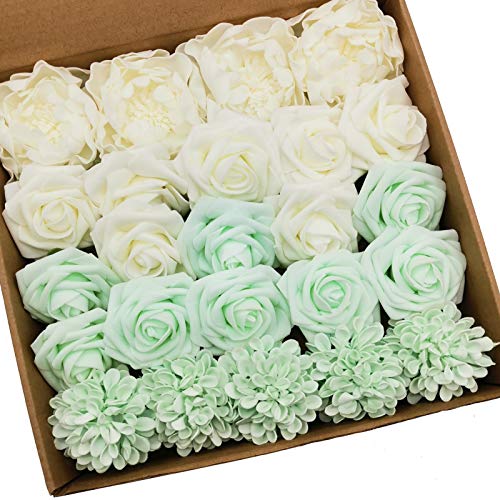 Artificial Flowers Combo Delicate Mint Green Mixed Flowers with Stem for DIY Wedding Bouquets Centerpieces Baby Shower Party Home Decorations - color: Delicate Ivory&mint Green