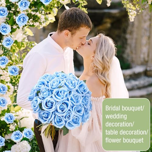 Thiccywoov 30 Pcs Rose Artificial Flowers in Bulk Lifelike Long Stem Silk Roses Bouquets Realistic Faux Flowers for Wedding Bridal Shower Home Decor Floral Arrangements Table Centerpiece(Light Blue) - color: Light Blue