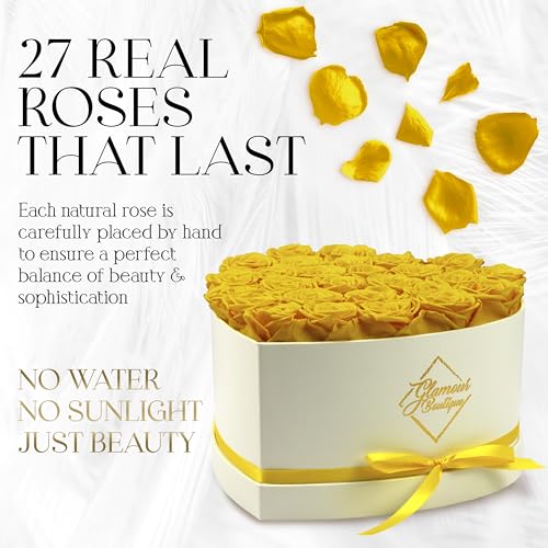 GLAMOUR BOUTIQUE Preserved Roses in a Box - Gifts for Her, Wife & Mom, Rose Flowers Forever Decor for Birthday Gift, Get Well Flower Bouquet Cased in White Box with Cover - Yellow - 27 (Color-Treated) - color: Yellow, size: 27 Roses Heart Box