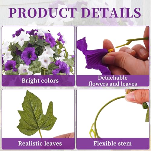 YOUNGLEAVES 2pcs Artificial Fake Petunia Flowers for Outdoor Decoration | Faux Realistic Floral Plants, UV-resistant realistic flower bouquet, Ideal for Garden Porch Balcony Home Wedding Party Decor - color: Purple White