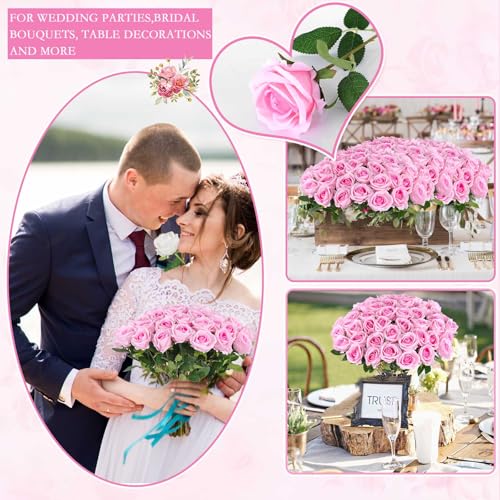 Hananona 50 Artificial Roses in Bulk, Fake Silk Pink Roses Realistic Roses for Wedding Centerpieces Flower Arrangement Home Decor (50, Pink) - color: Pink