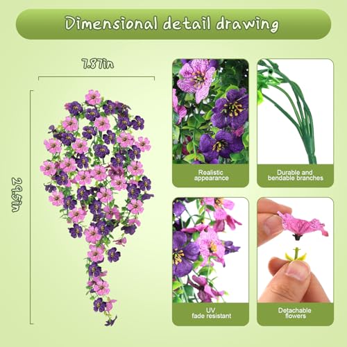 Artificial Hanging Flowers for Outdoors, 6PCS Faux Silk Artificial Flowers for Outdoors, UV Resistant Fake Flowers, No Fade Trailing Greenery, Decor for Home Porch Patio Balcony Garden Yard - color: Double Purple