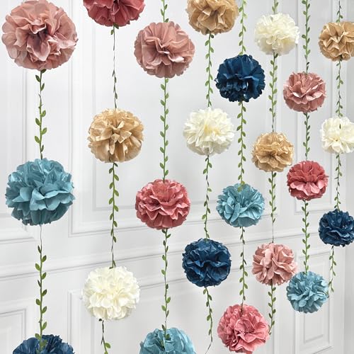Dusty Rose Pink Blue Khaki Beige Tissue Paper Flowers Pom Pom with Leaf Ribbon Hanging Garland Streamer for Gender Reveal Baby Shower He or She Boy or Girl Vintage Themed Party Decorations Supplies - color: dusty blue pink