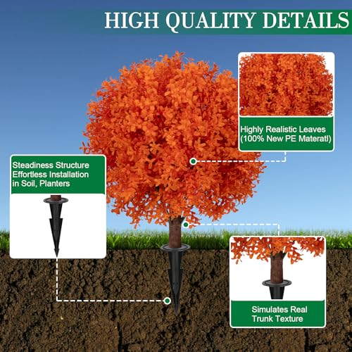AOKIIE 24" Artificial Boxwood Topiary Bushes UV Resistant for Outdoor 2PCS | Artificial Shrubs with Ground Spike, Orange Faux Outdoor Plants for Indoor & Outdoor Garden, Yard, Porch, Patio - color: Orange