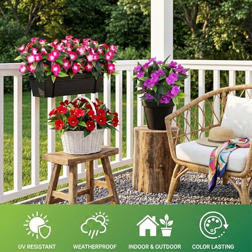 Roberly 6 Bundles Artificial Flowers for Outdoors, Faux Silk Catharanthus Roseus Flowers Bouquet Fake Greenery Plant for Spring Summer Garden Patio Porch Window Box Table Home Decor, Red - color: Red
