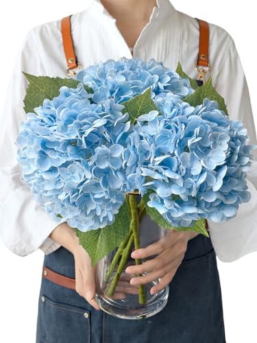 JINWOE Light Blue Flowers Real Touch Artificial Hydrangeas, 3Pcs 21" Large Royal Latex Silk Flowers,Long Stems Fake Flower Bouquet for Centerpieces Table Home Party - color: Blue, size: 3pcs