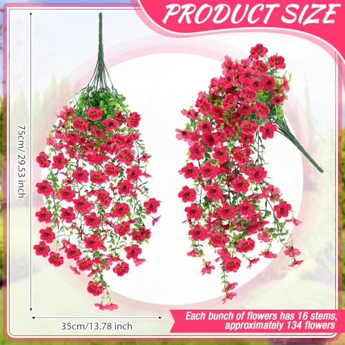 Suncalla 4 Pcs 30In Artificial Hanging Flowers for Outdoor Planter 156 Branches Trailing Faux Potted Plant Fake Floral UV & Fading Resistant for Wedding Patio Spring Summer Decor(Rose Red) - color: Rose Red
