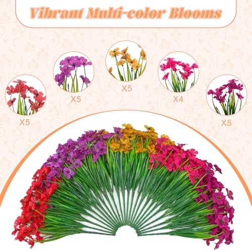 Ammyoo 24 Pcs Artificial Fake Flowers for Outdoor Spring Decoration, Faux Flowers No Fade UV Resistant Silk Flower Plants for Outside Garden Yard Porch Patio Balcony Indoor Decor(5 Colors) - color: Mix（red, Purple, Yellow, Rose Red, Fuchsia)