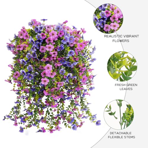 Artificial Hanging Flowers for Outdoor Decor, 6 Bundles UV Resistant Faux Silk Flowers, Fake Hanging Plants for Porch Patio Yard Planter Indoor Home Decoration(Blue, Purple) - color: Blue＆purple