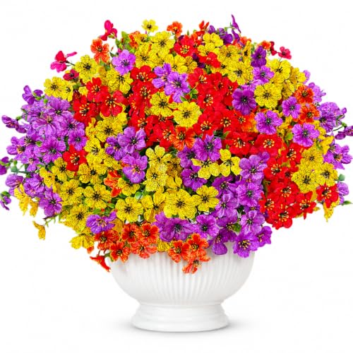 Artificial Flowers for Outdoors UV Resistant, 12 Bundles Realistic Faux Daisy with Eucalyptus Leaves Fake Plants for Porch Patio Planter Garden Decoration (Purple Red Orange Yellow) - color: Purple Red Orange Yellow