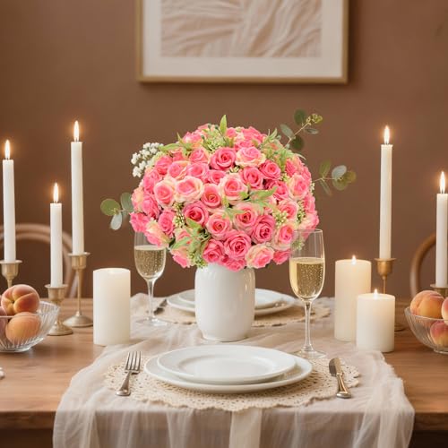 8 Pack Rose Artificial Flowers Bouquet, 10 Small Silk Rose Heads Per Pack, Fake Roses Bunches for Wedding Table Centerpieces Bridal Bouquet Mother's Day Valentine's Day Home Decor, Deep Pink - color: Deep Pink