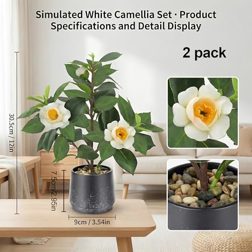 Gresorth 12" Artificial Small Camellia Flowers Tree Potted Fake Plants Bonsai Decoration Realistic Landscape Display for Home Office Table Livingroom 2 Pack - color: A - With Flowers