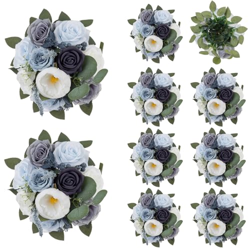 BLOSMON Artificial Flowers Ball Wedding Centerpieces 10 Pcs Dusty Blue Rose Artificial Flower Center Pieces Decoration for Table Silk Kissing Ball Floral Bouquet Arrangements Home Party DIY Decor - color: Dusty Blue