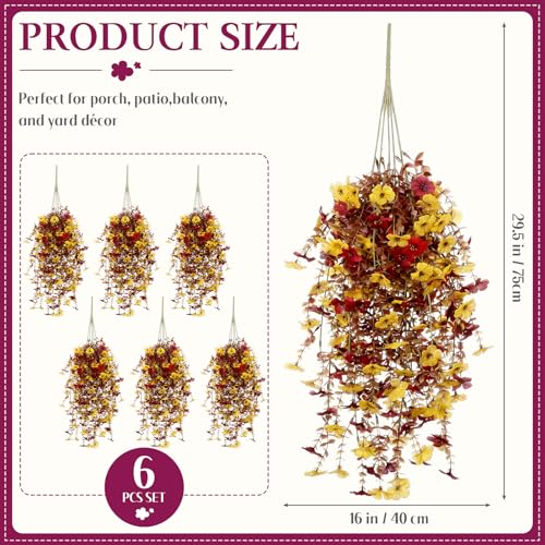 6 Pcs Fall Artificial Hanging Flowers Outdoor Faux Silk Mum Plant Decor Violet with Eucalyptus Realistic UV Resistant Trailing Vine Autumn Thanksgiving Porch Yard(Orange,Plastic Style) - color: Brown Red, style: Violet