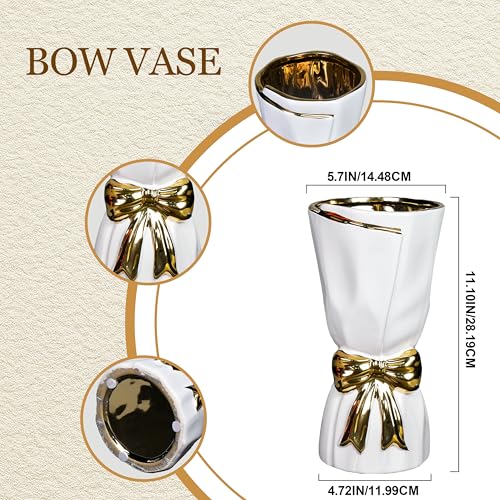 11 Inch White Ceramic Vase with Bow - Modern Boho Vase for Pampas Grass, Tall Decorative Vases Home Decor, Entryway Table, Living Room, Wedding Centerpiece - color: White, size: 11 inch