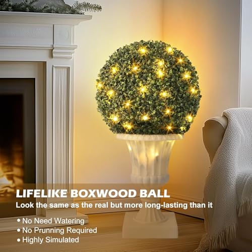 IDEALHOUSE 24 Inch Outdoor Artificial Trees with Lights, 2-Pack Pre-Lit Topiary with Remote & Timer, UV Resistant Faux Plants in Vintage Urn Pot for Porch, Patio, Home Decor, White Base - color: White Base
