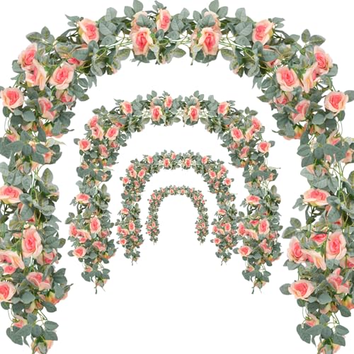 Flower Garland Rose Vine 4Pcs 28FT Artificial Floral Garland with Green Leaves Hanging Rose Vine for Wedding Party Garden Home Wall Decor (Pink) - color: Pink