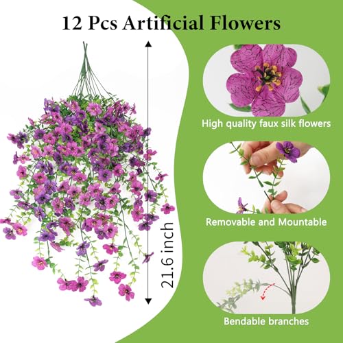 Artificial Flowers for Outdoors,12 Pcs Fake Flowers with Silk Violets & Eucalyptus Leaves,UV Resistant Artificial Outdoor Flowers Suitable for Spring Summer Garden,Porch,Patio and Balcony Decoration - color: Mix Deep Purple & Purple, size: 12 pcs